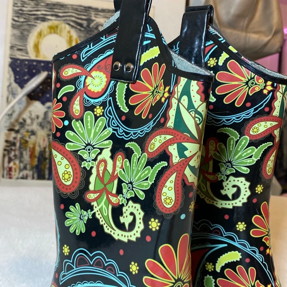 Nomad Black Floral Paisley Rain Boots with Multicolor Accents
